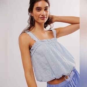 Free People Because of You Chambray‎ Blue Top Tank L Cotton Linen Boho Cottage